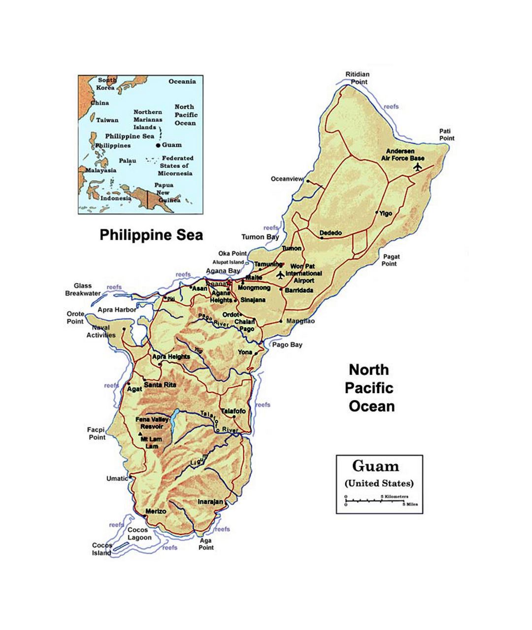 Detailed political map of Guam with relief, rivers, roads, cities and airports