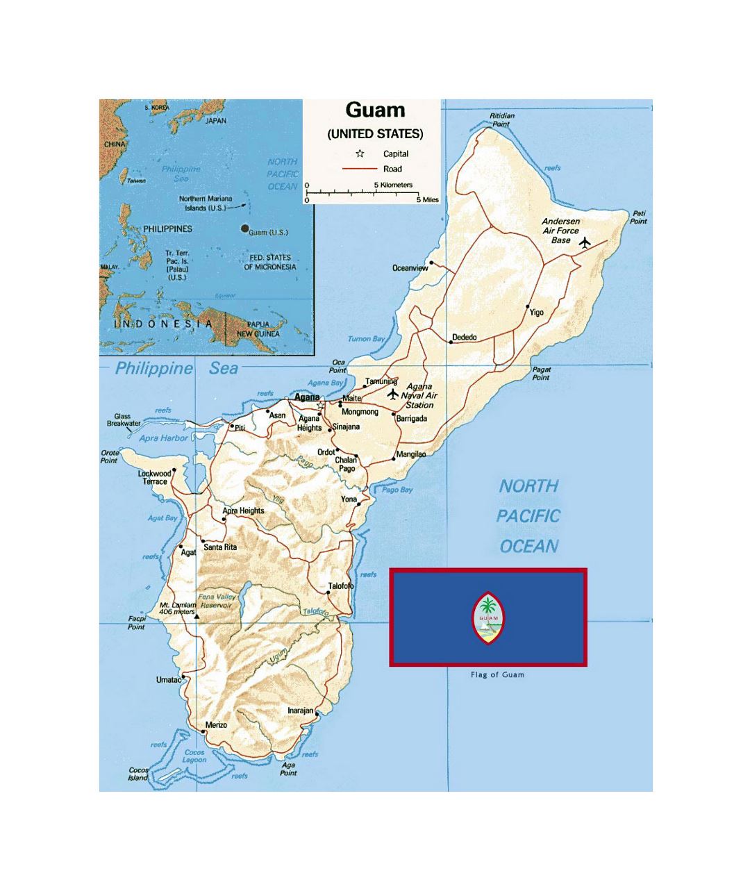 Detailed political map of Guam with relief, roads, cities, airports and flag