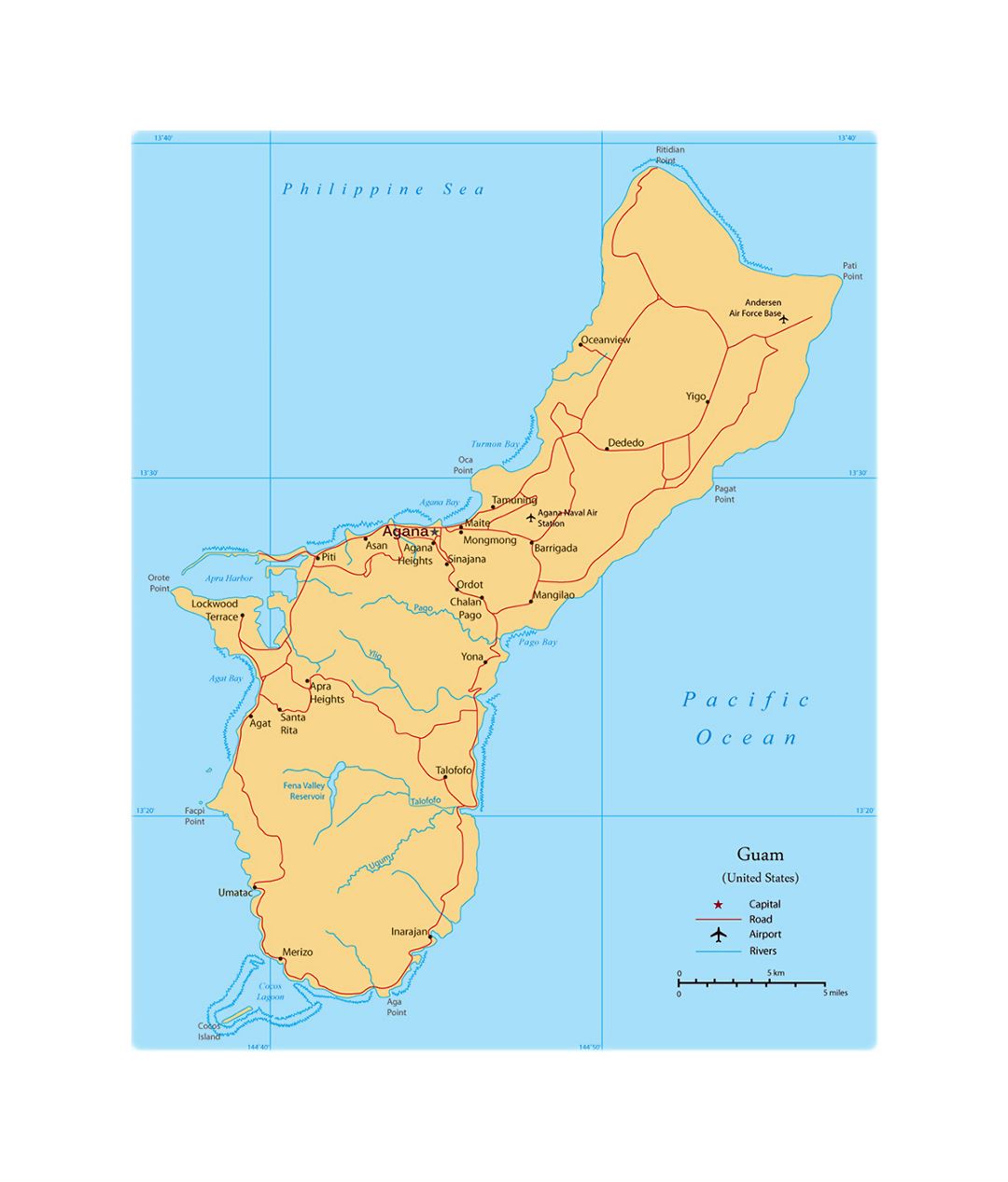 Detailed political map of Guam with roads, cities and airports