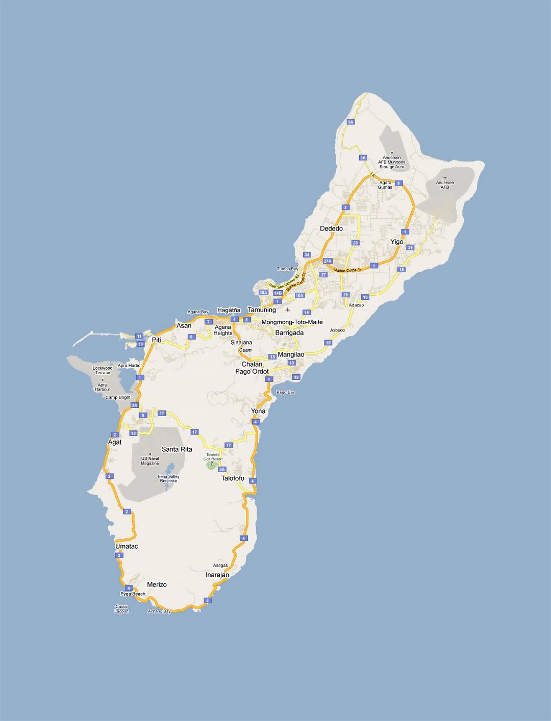 Detailed road map of Guam with cities and villages