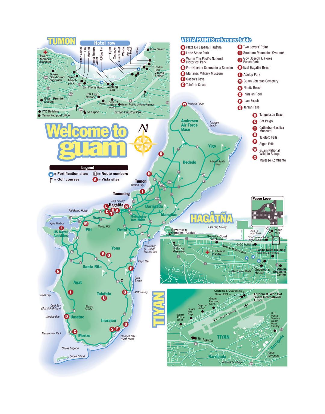 Large tourist map of Guam with roads and airports