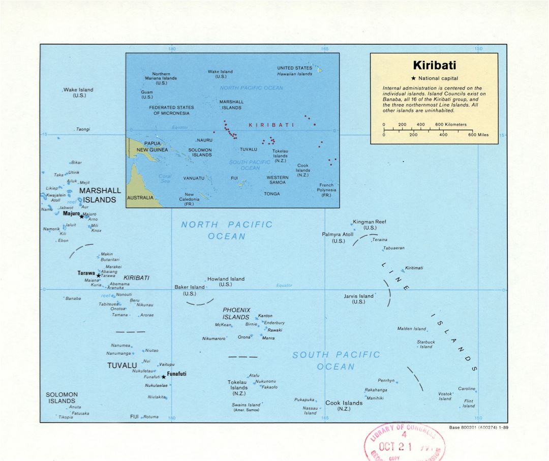 Large detailed political map of Kiribati with major cities - 1989