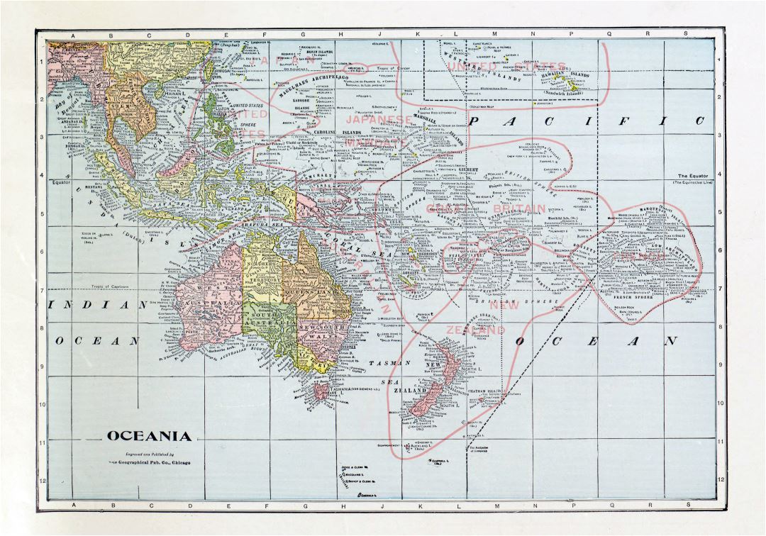 Large detailed old political map of Oceania with the marks of capitals, cities, names of countries and other marks - 1932