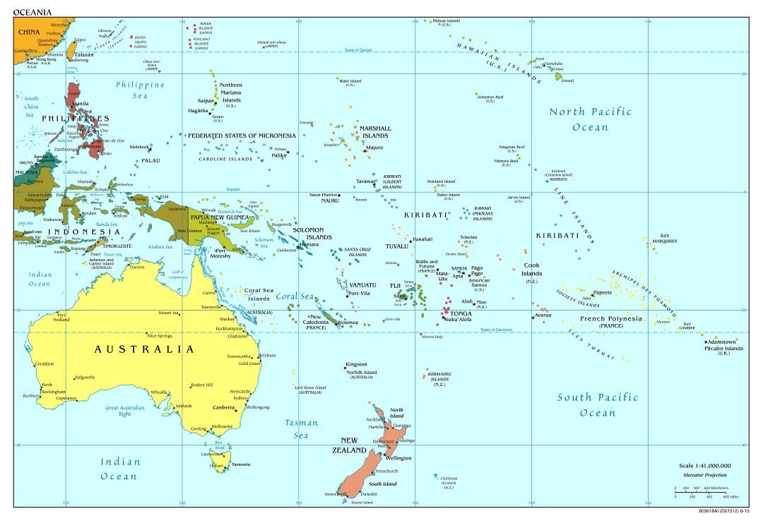 Large detailed political map of Australia and Oceania with capitals and major cities - 2013