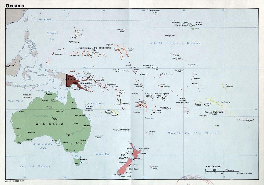 Large detailed political map of Oceania with capitals and major cities - 1985