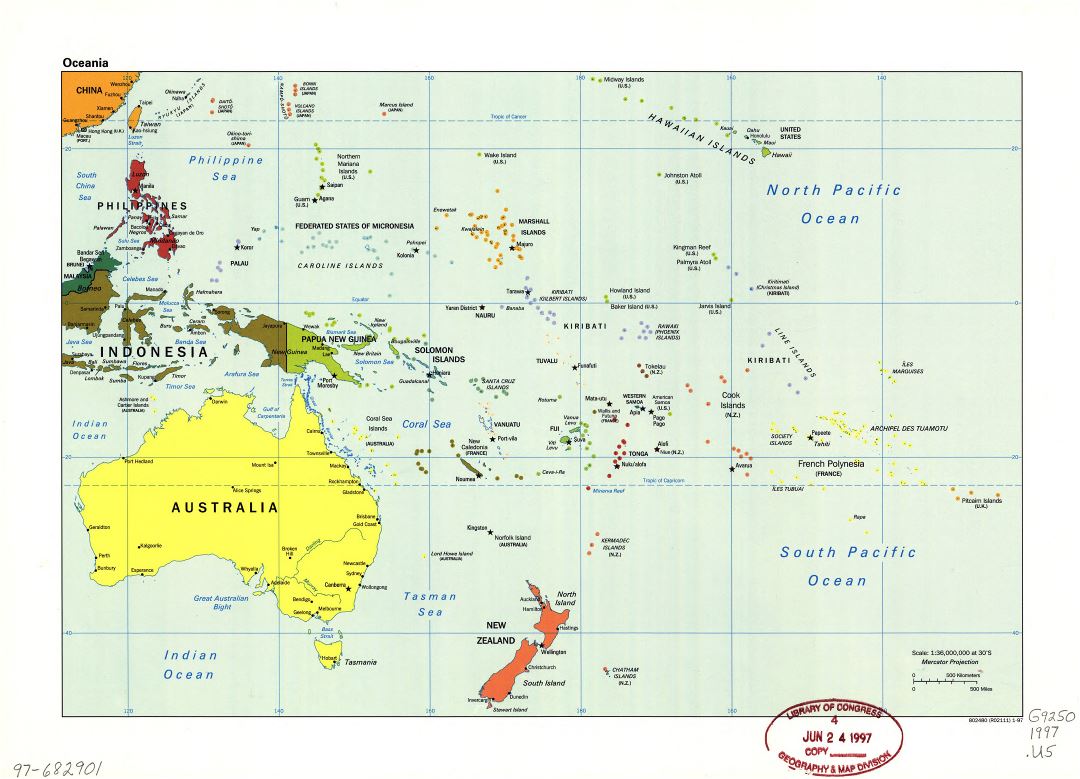 Large detailed political map of Oceania with marks of capitals, large cities and names of states - 1997