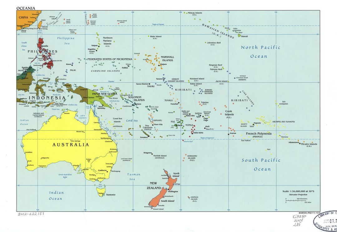 Large detailed political map of Oceania with marks of capitals, large cities and names of states - 2001