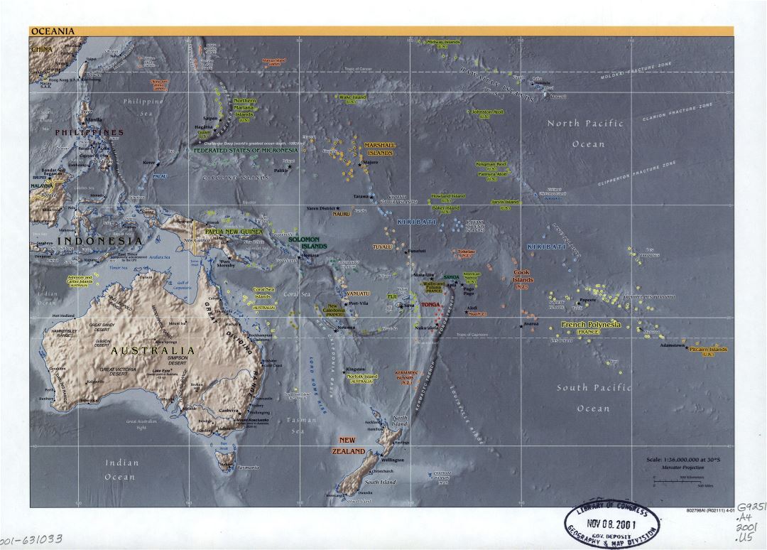 Large detailed political map of Oceania with relief, marks of capitals, large cities and names of states - 2001