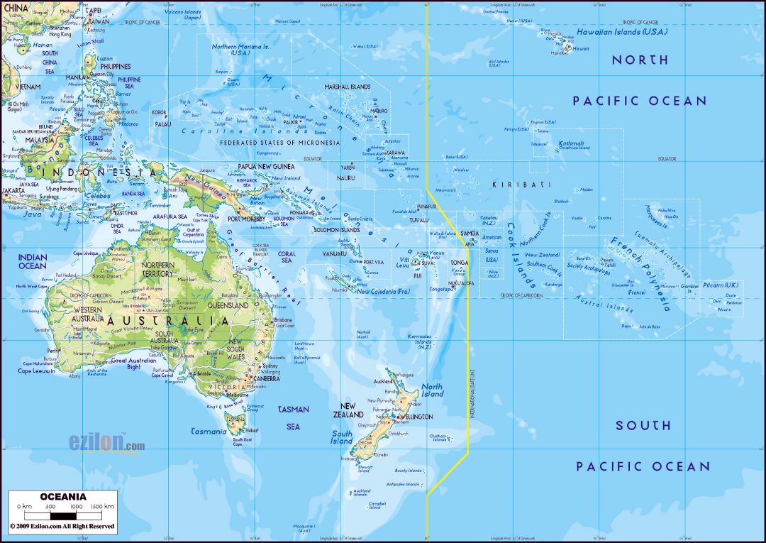 Large physical map of Australia and Oceania with major roads and major cities
