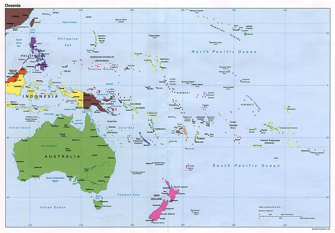 Large political map of Australia and Oceania - 1995