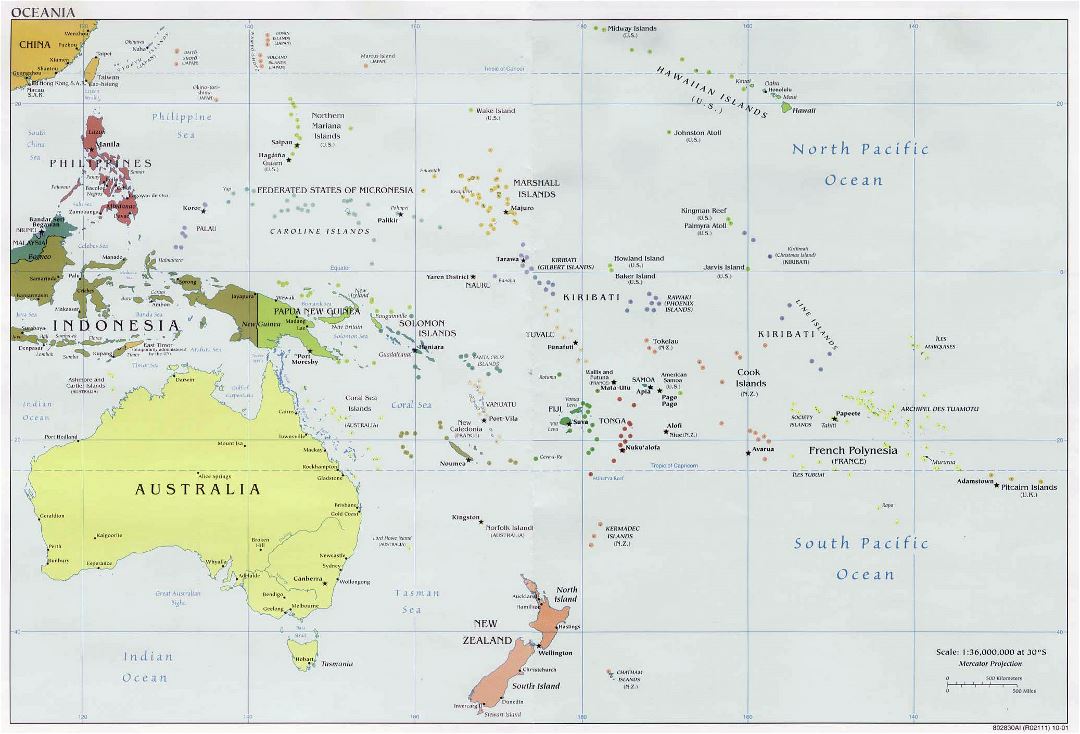 Large political map of Australia and Oceania - 2001