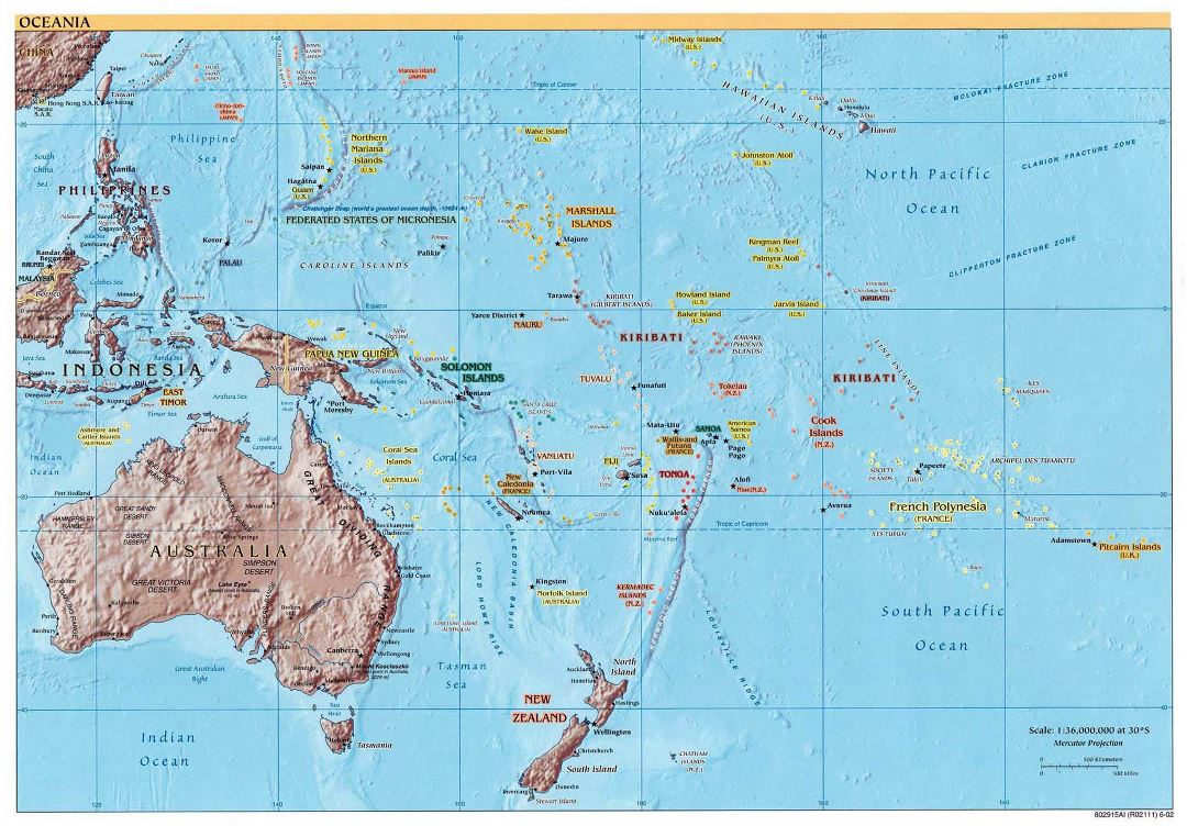 Large political map of Australia and Oceania with relief - 2002