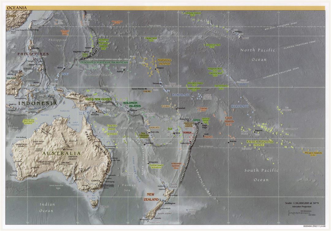 Large political map of Australia and Oceania with relief and capitals - 1999