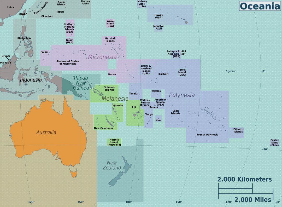 Large regions map of Australia and Oceania