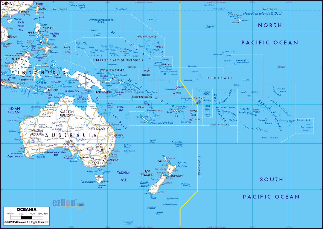 Large road map of Australia and Oceania with major cities
