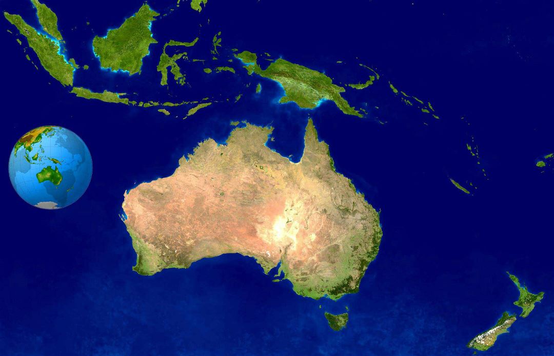 Large satellite map of Australia and Oceania