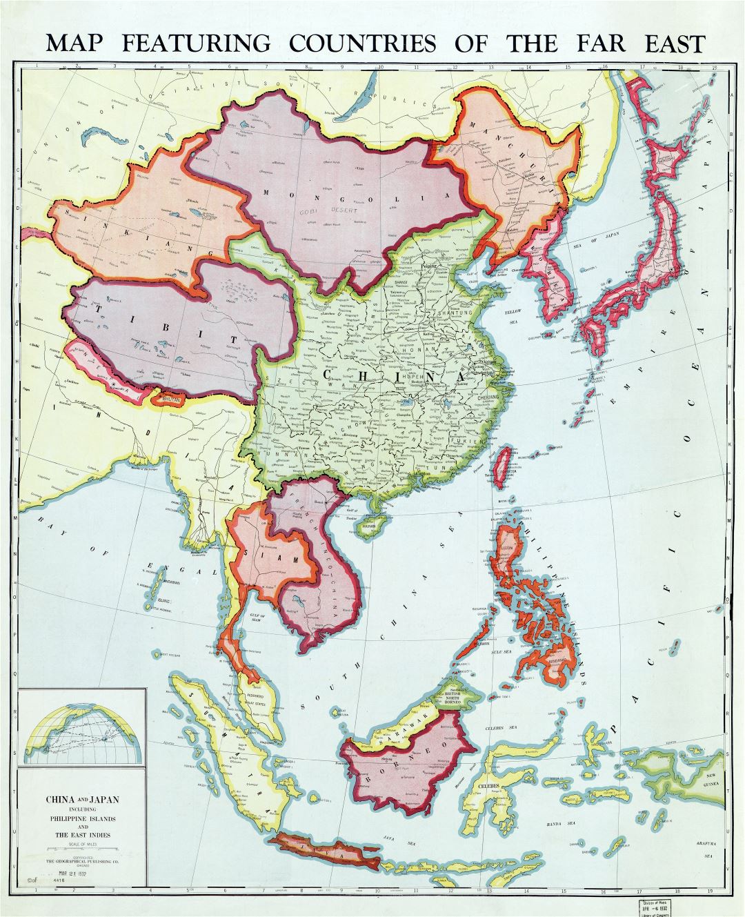 Large scale old political map of featuring countries of the Far East with the marks of cities and other marks - 1932 - (1)