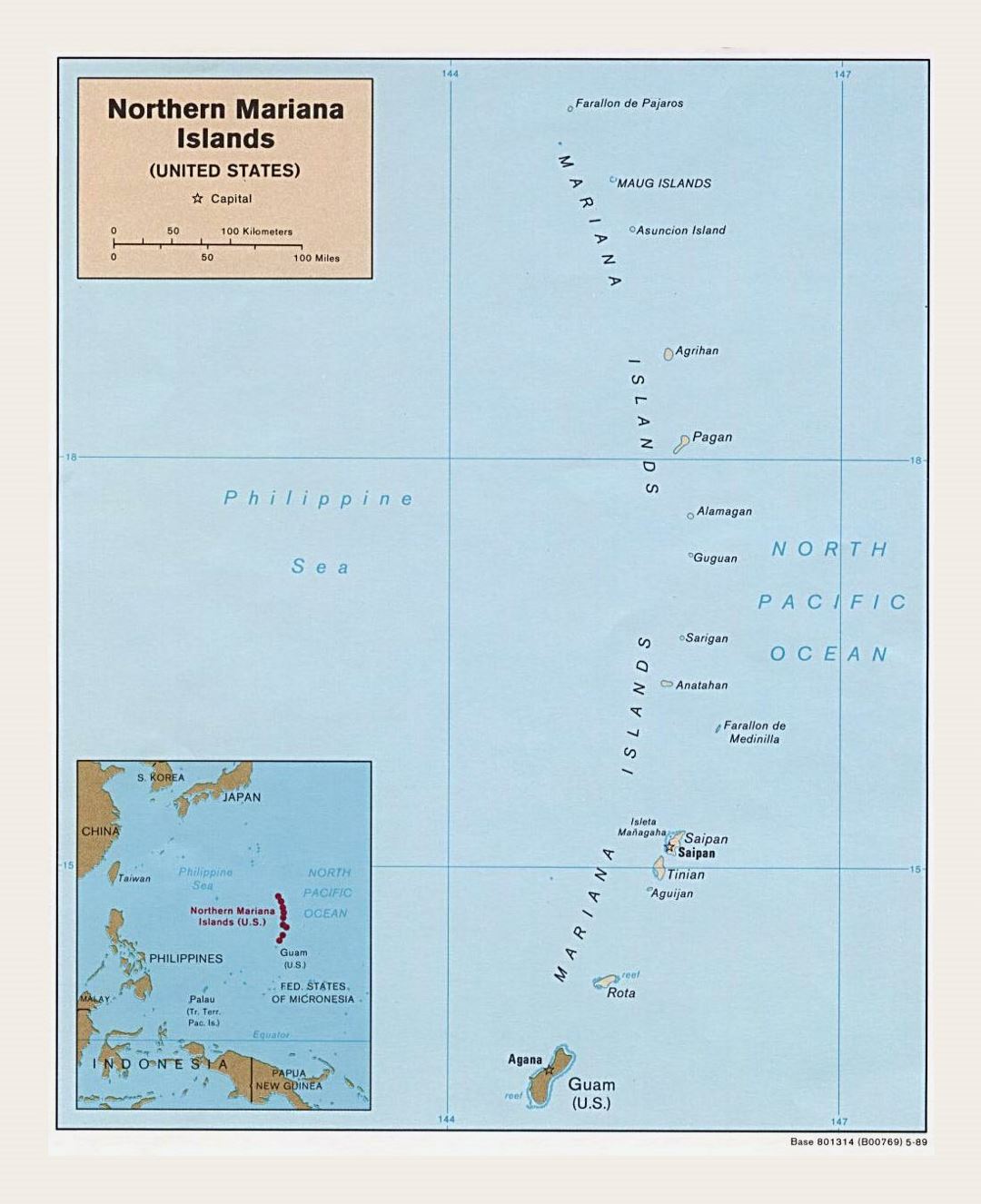 Detailed political map of Northern Mariana Islands with island names and capitals - 1989
