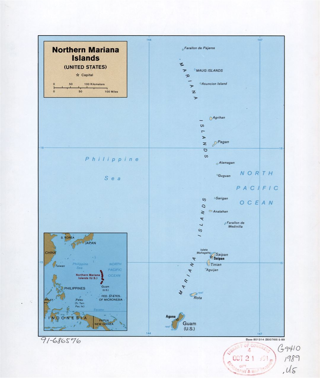 Large detailed political map of Northern Mariana Islands with island names and capitals - 1989