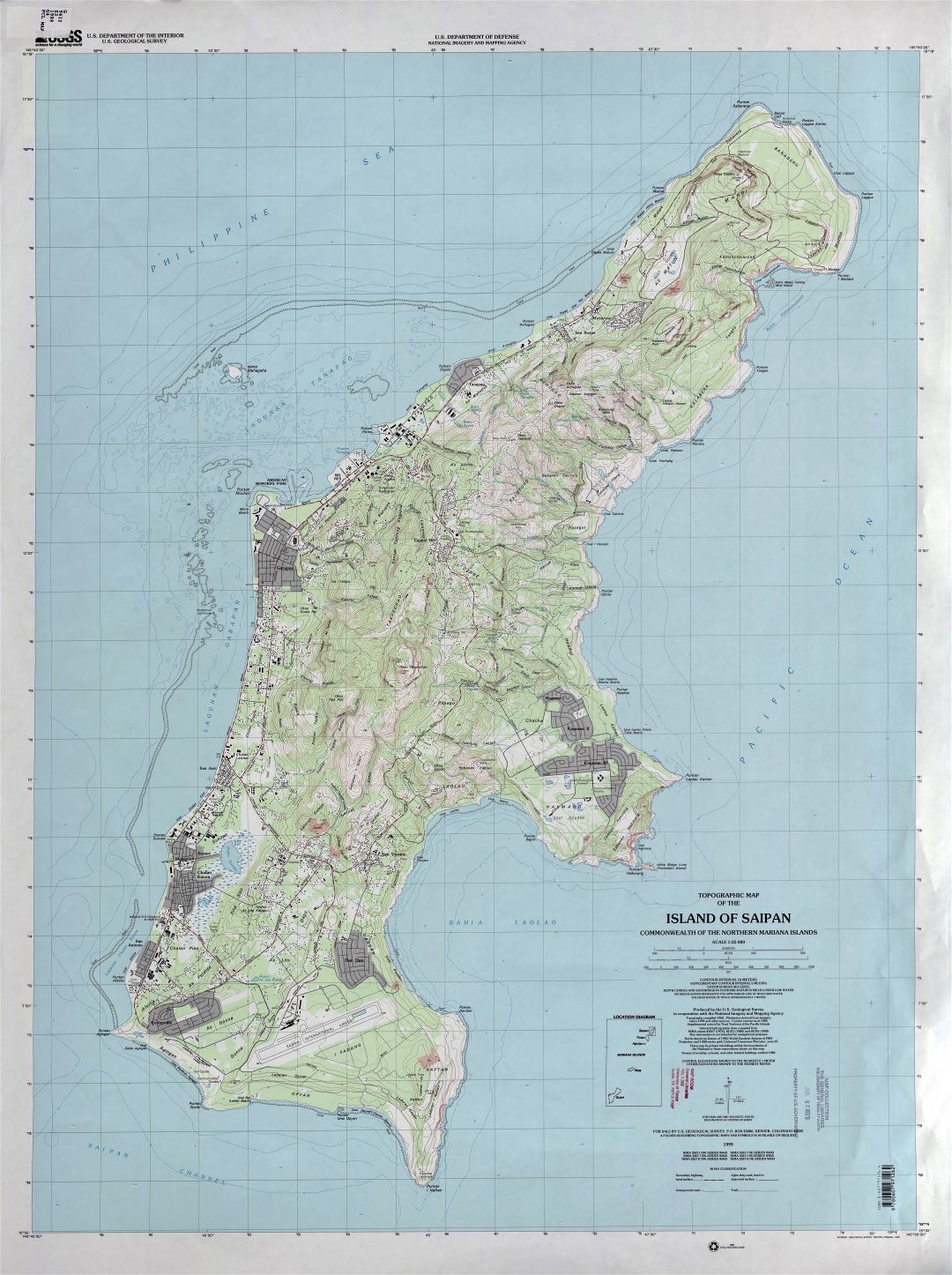 Large detailed topographical map of Saipan Island, Northern Mariana Islands