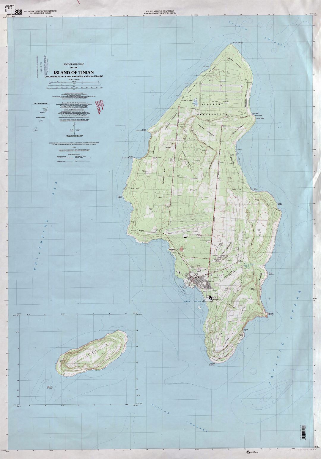 Large detailed topographical map of Tinian Island, Northern Mariana Islands