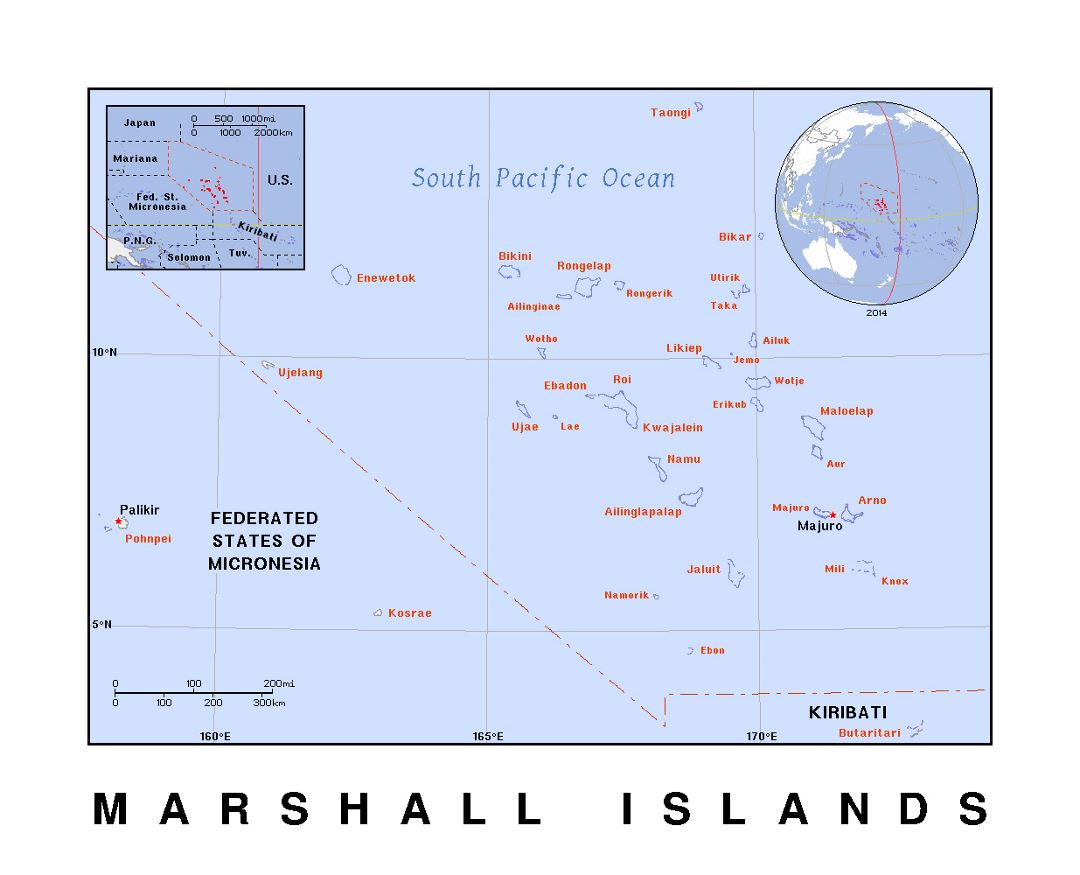 Detailed political map of Marshall Islands with capital and other marks
