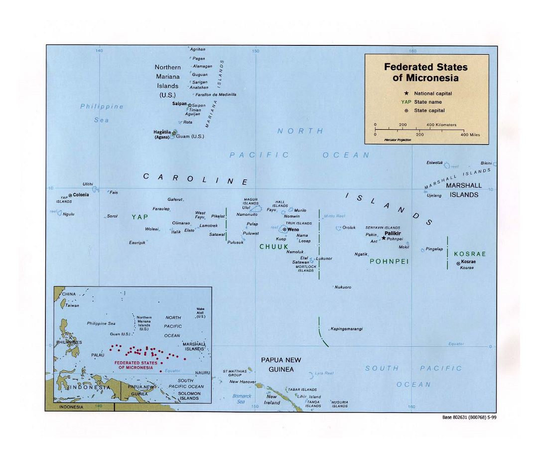Large political map of Federated States of Micronesia with major cities - 1999