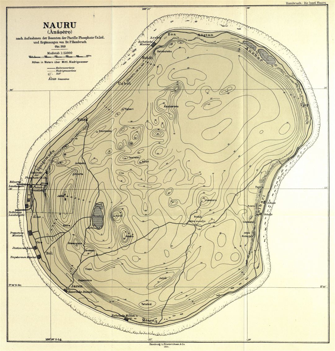 Large detailed old topographical map of Nauru with marks - 1914
