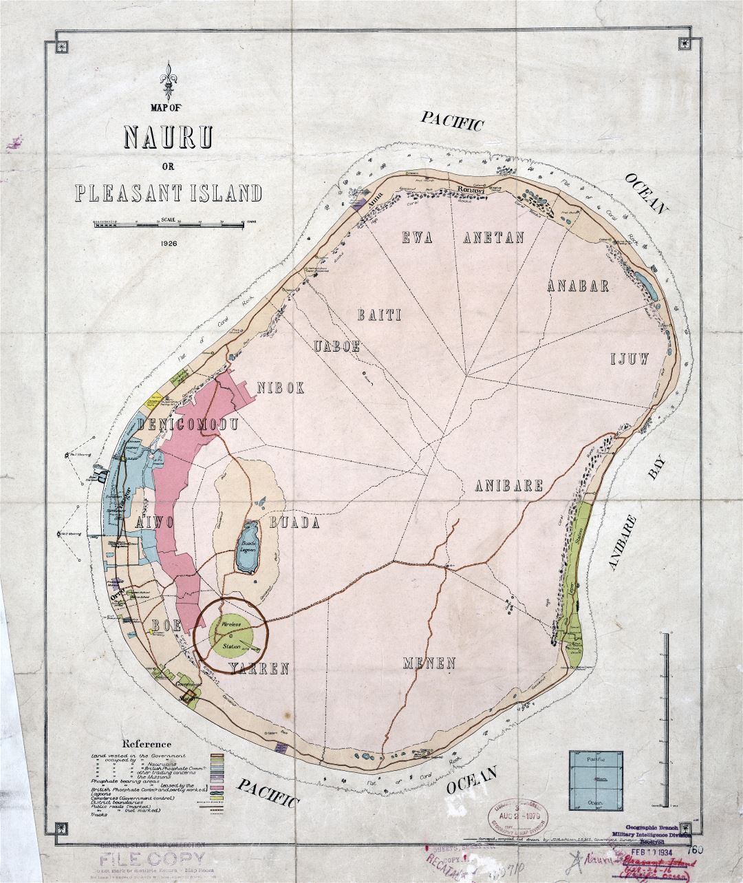 Large scale old map of Nauru or Pleasant Island with other marks - 1926