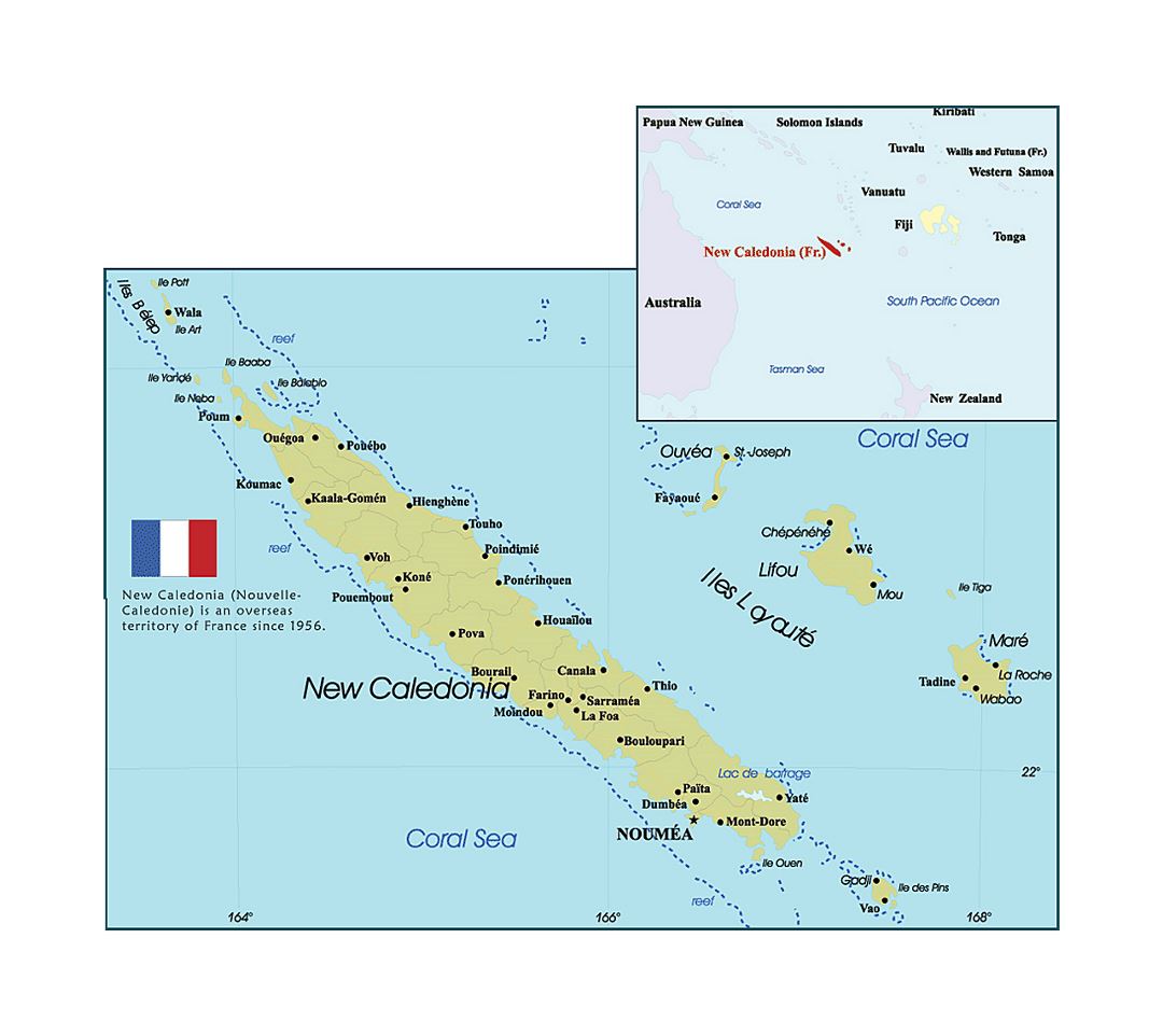 Detailed political and administrative map of New Caledonia with cities