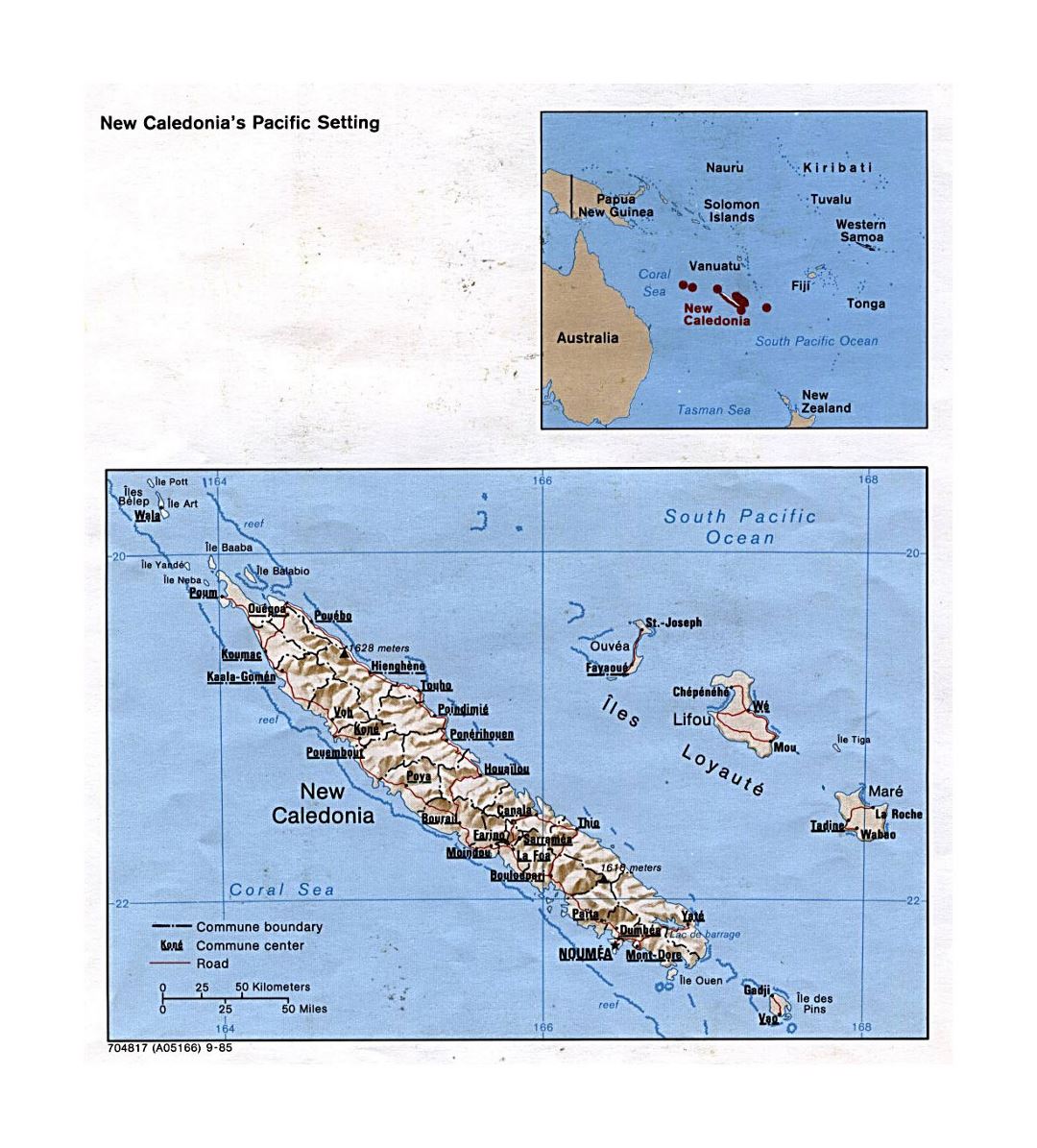 Detailed political and administrative map of New Caledonia with relief, roads and cities - 1985