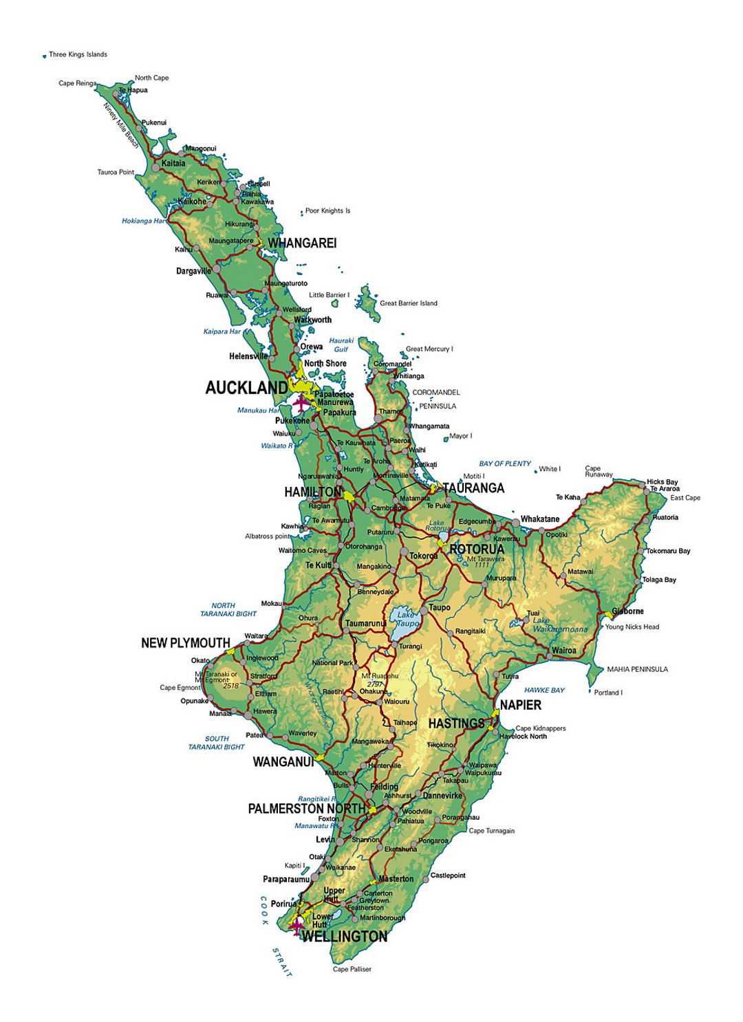 Detailed map of North Island, New Zealand with other marks