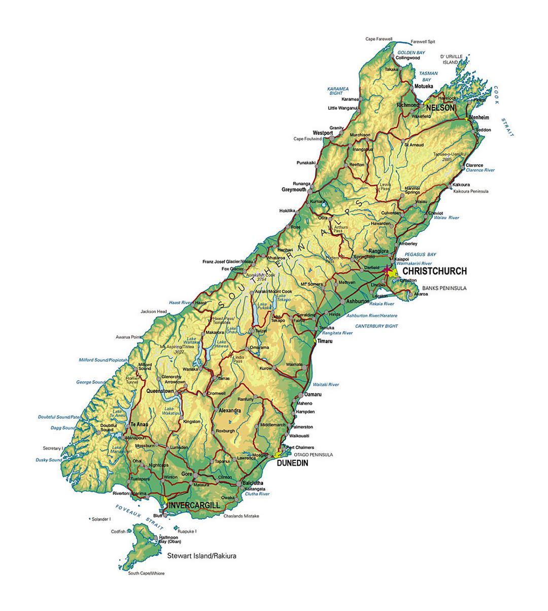 Detailed map of South Island, New Zealand with other marks