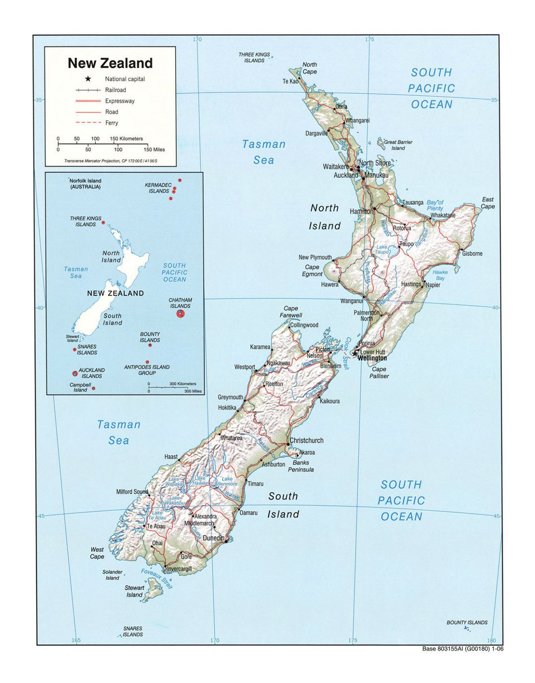 Detailed political map of New Zealand with relief, roads, railroads and cities - 2006