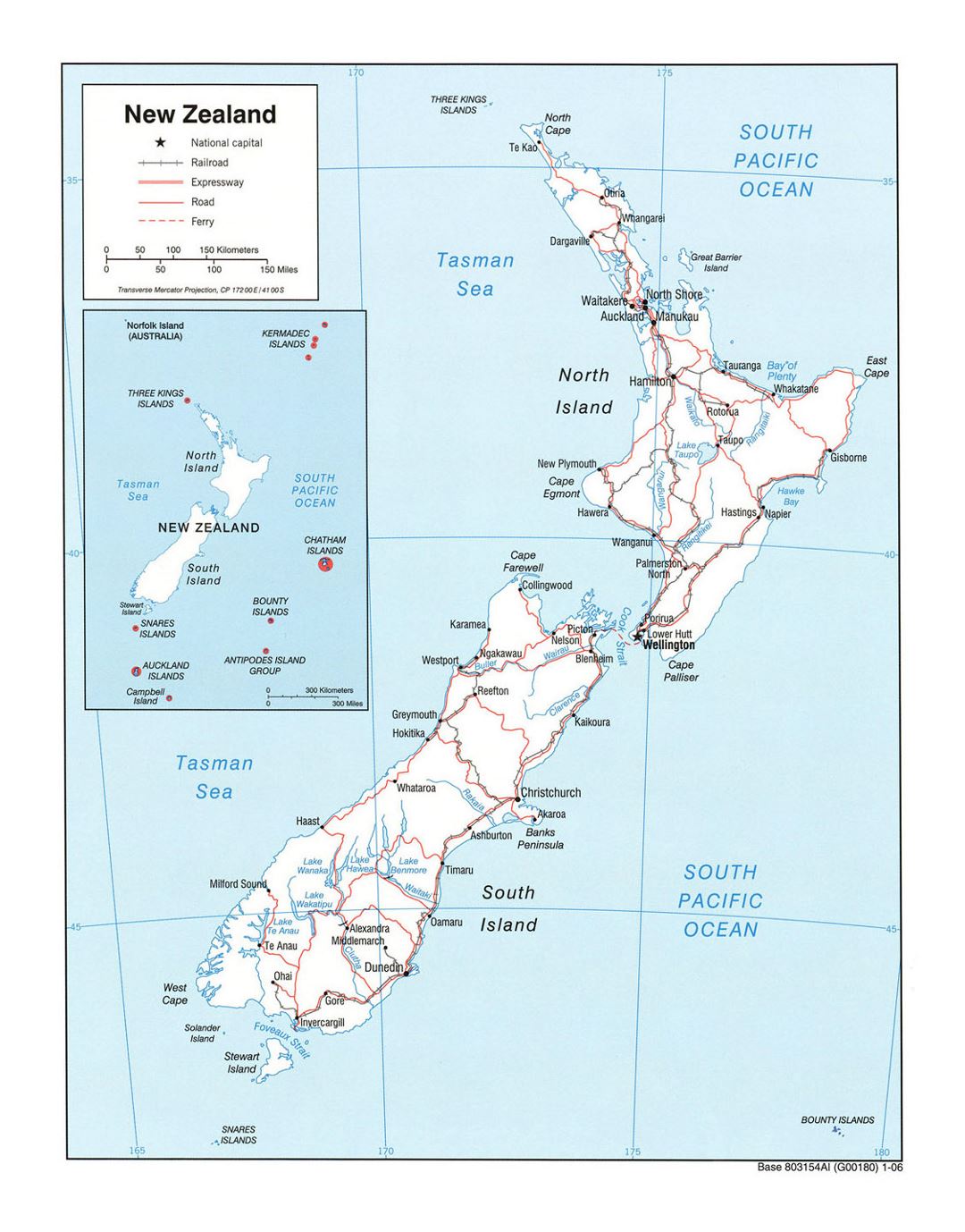 Detailed political map of New Zealand with roads, railroads and cities - 2006