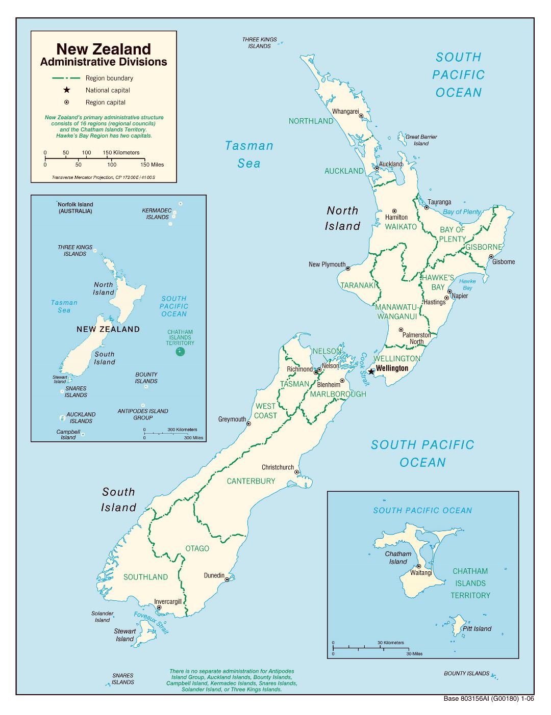 Large administrative divisions map of New Zealand - 2006