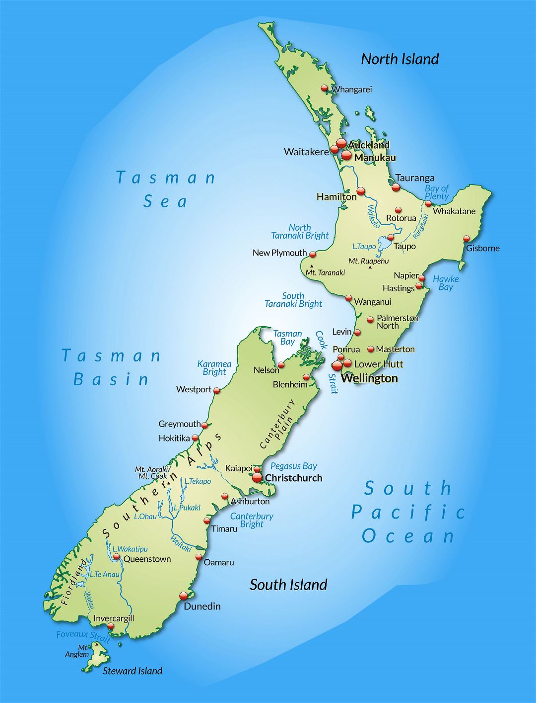 Large detailed map of New Zealand with cities