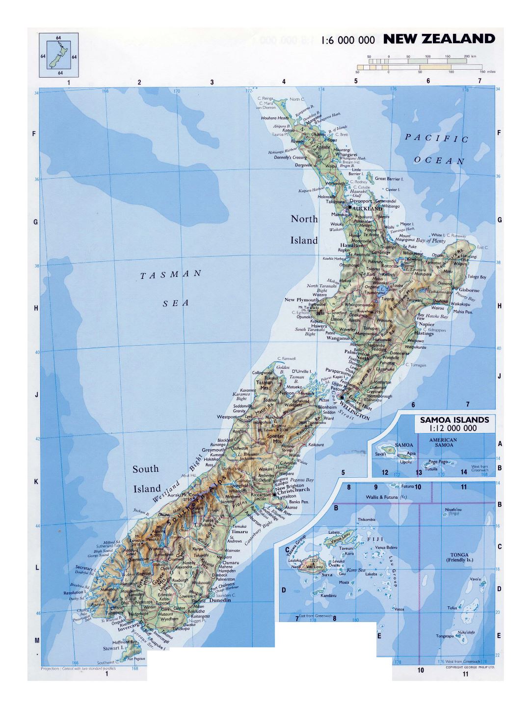 Large detailed map of New Zealand with relief, roads, railroads, cities, airports and other marks