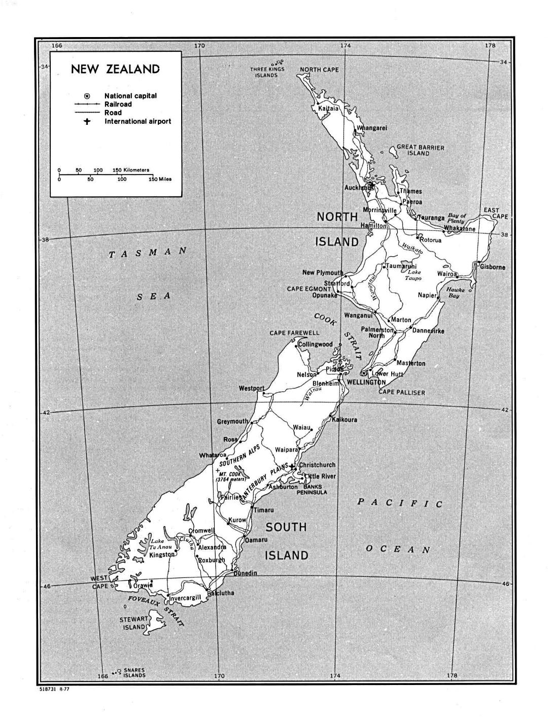 Large detailed political and administrative map of New Zealand with roads, railroads, cities and airports - 1977