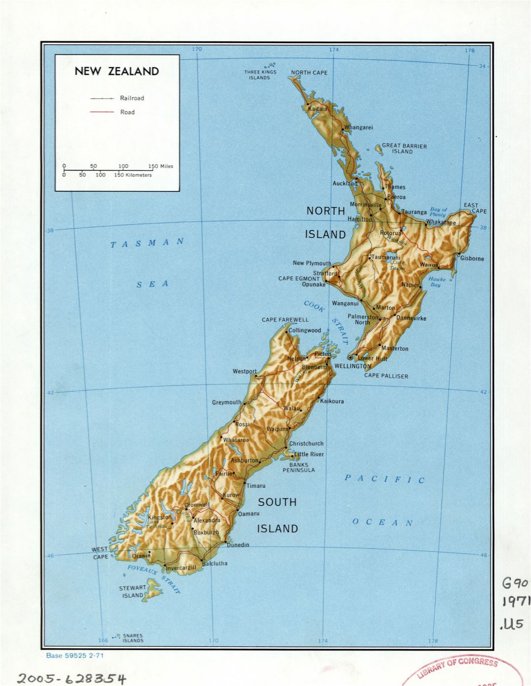 Large detailed political map of New Zealand with relief, marks of roads, railroads and cities - 1971