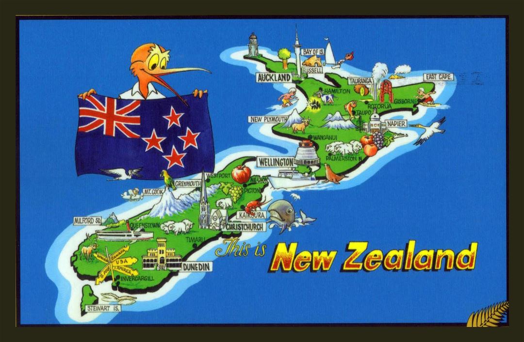 Large New Zealand illustrated map and flag