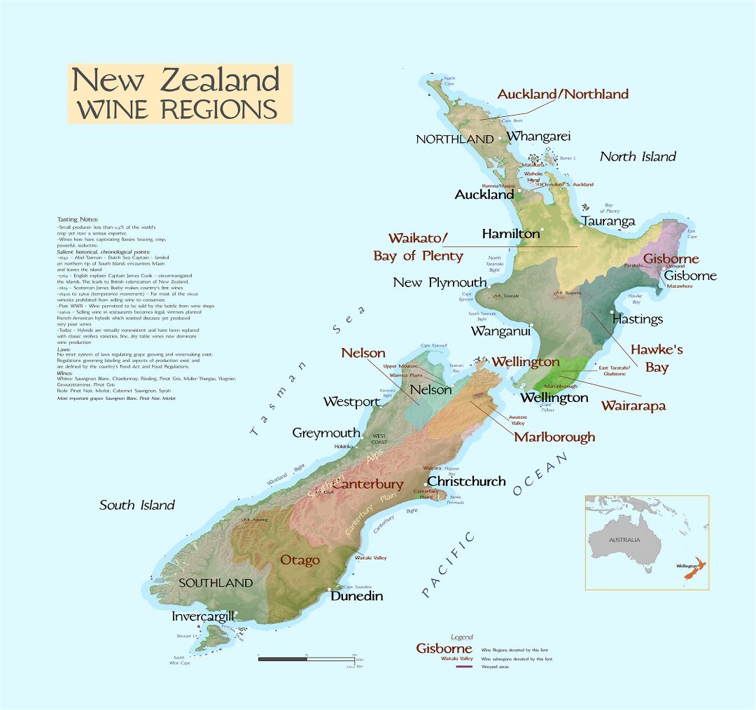 Large New Zealand wine regions map