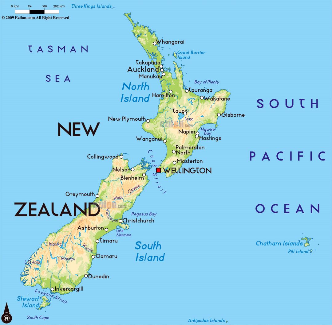 Large physical map of New Zealand with cities