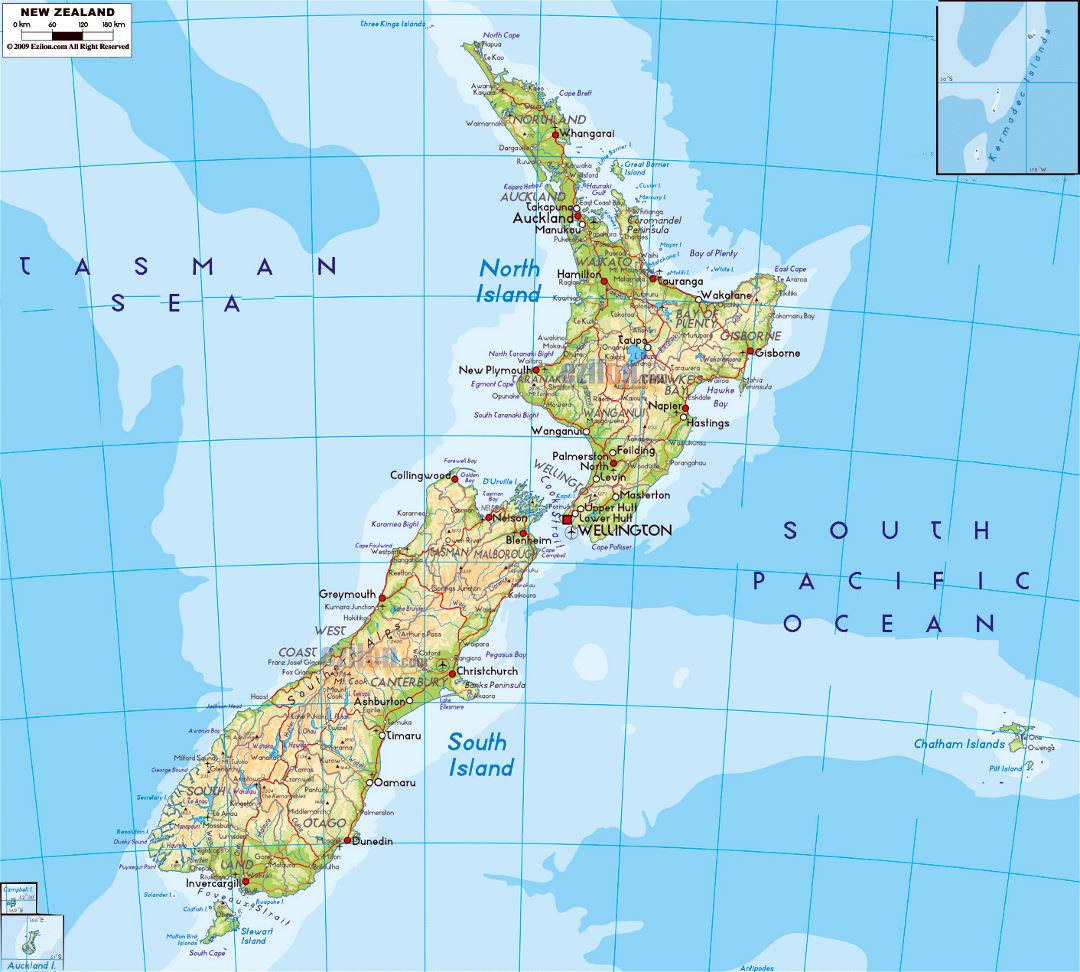 Large physical map of New Zealand with roads, cities and airports