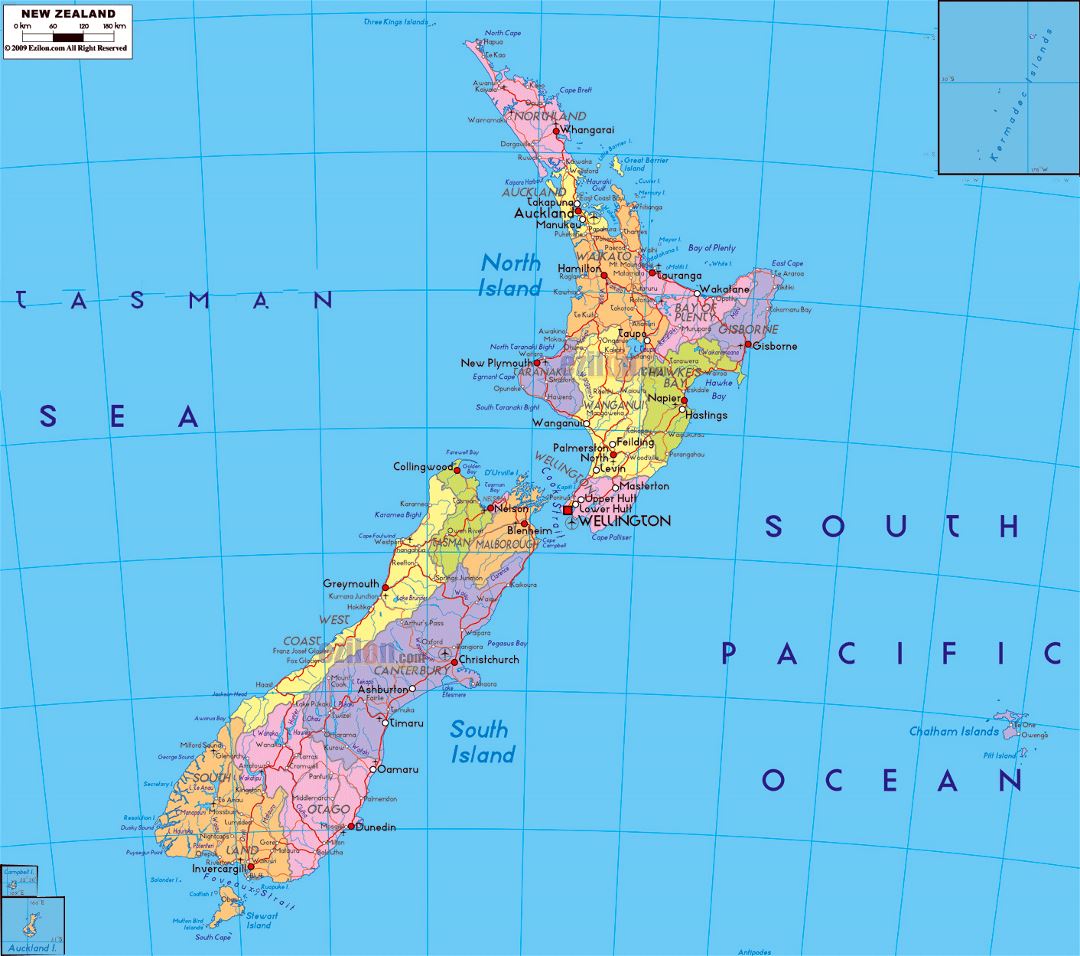 Large political and administrative map of New Zealand with roads, cities and airports