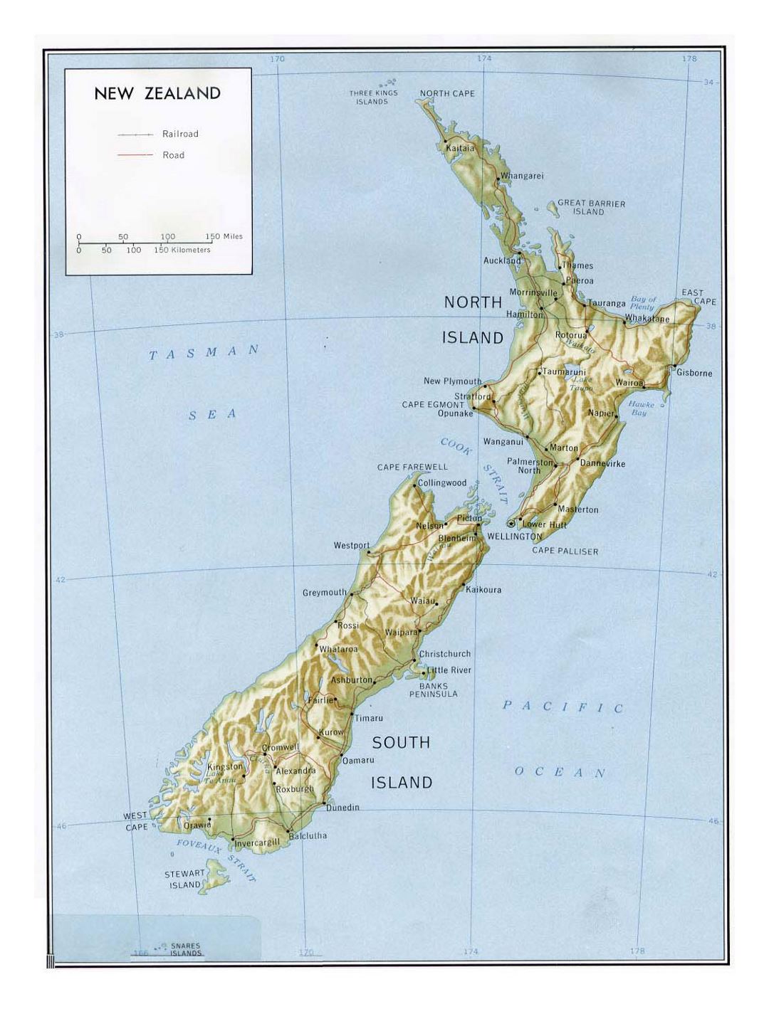 Large political map of New Zealand with relief, marks of roads, railroads and cities - 1981
