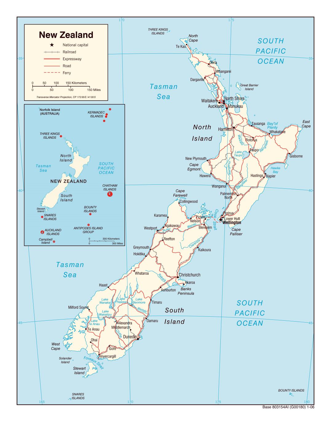 Large political map of New Zealand with roads, railroads and cities - 2006