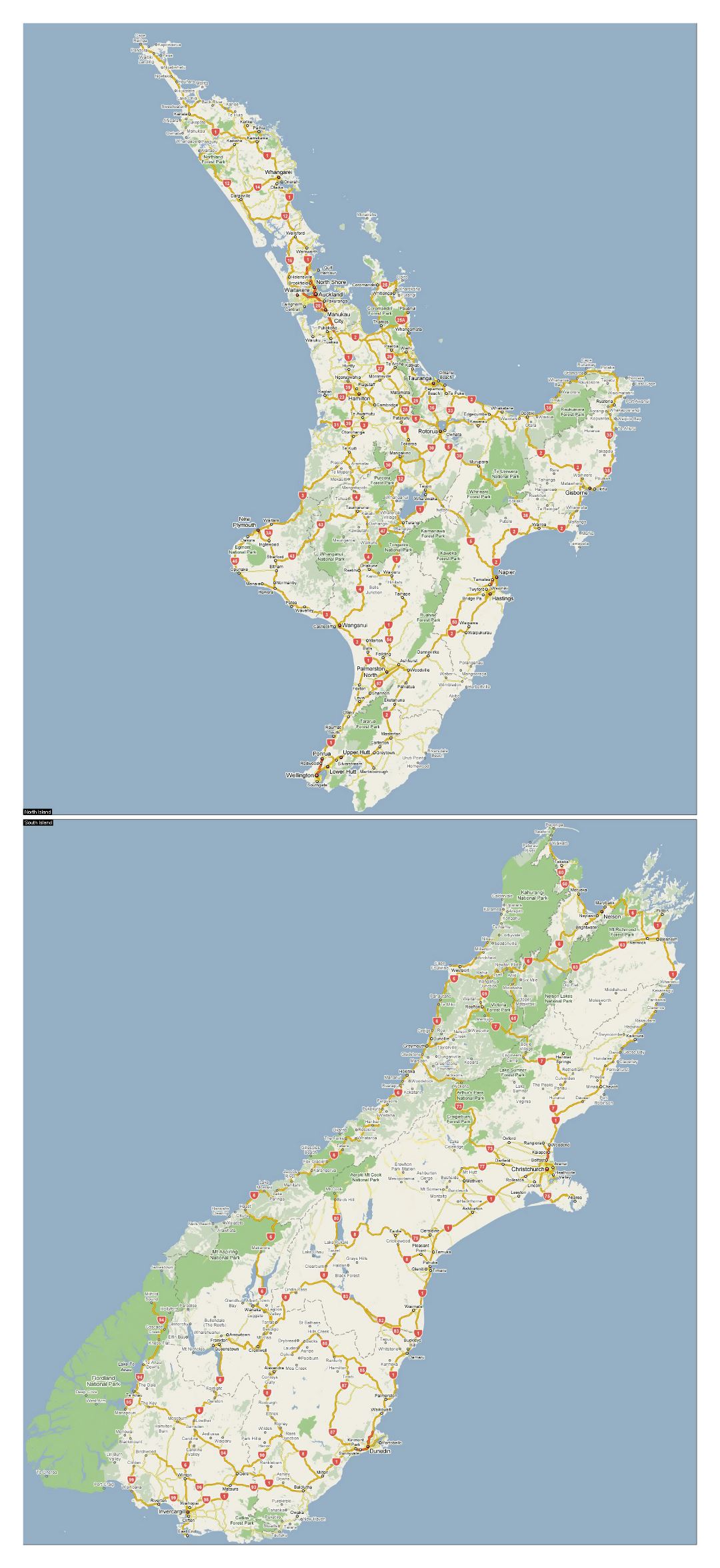 Large road map of New Zealand with national parks and cities