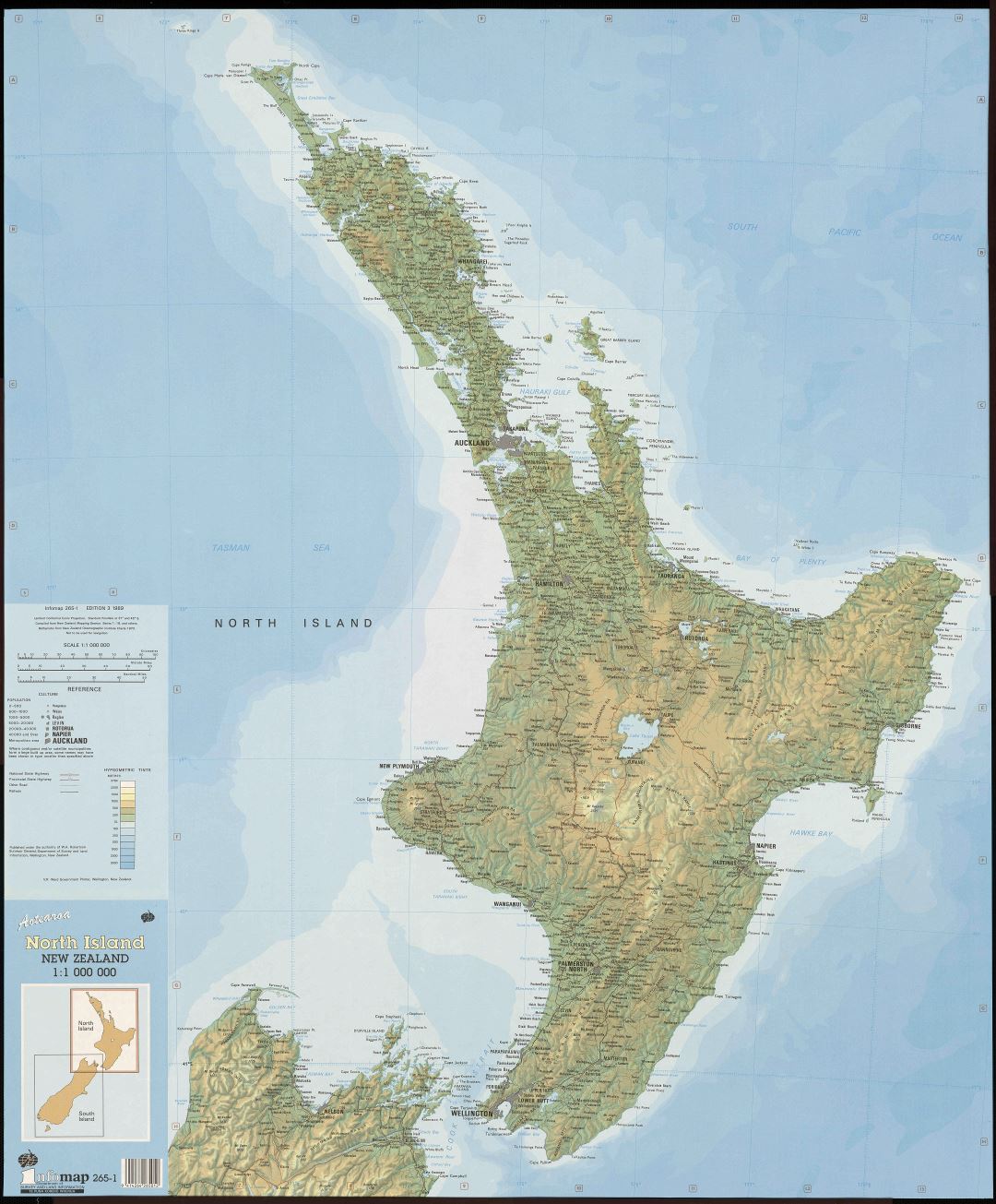 Large scale map of North Island, New Zealand with relief, marks of all cities, roads, railroads and other marks
