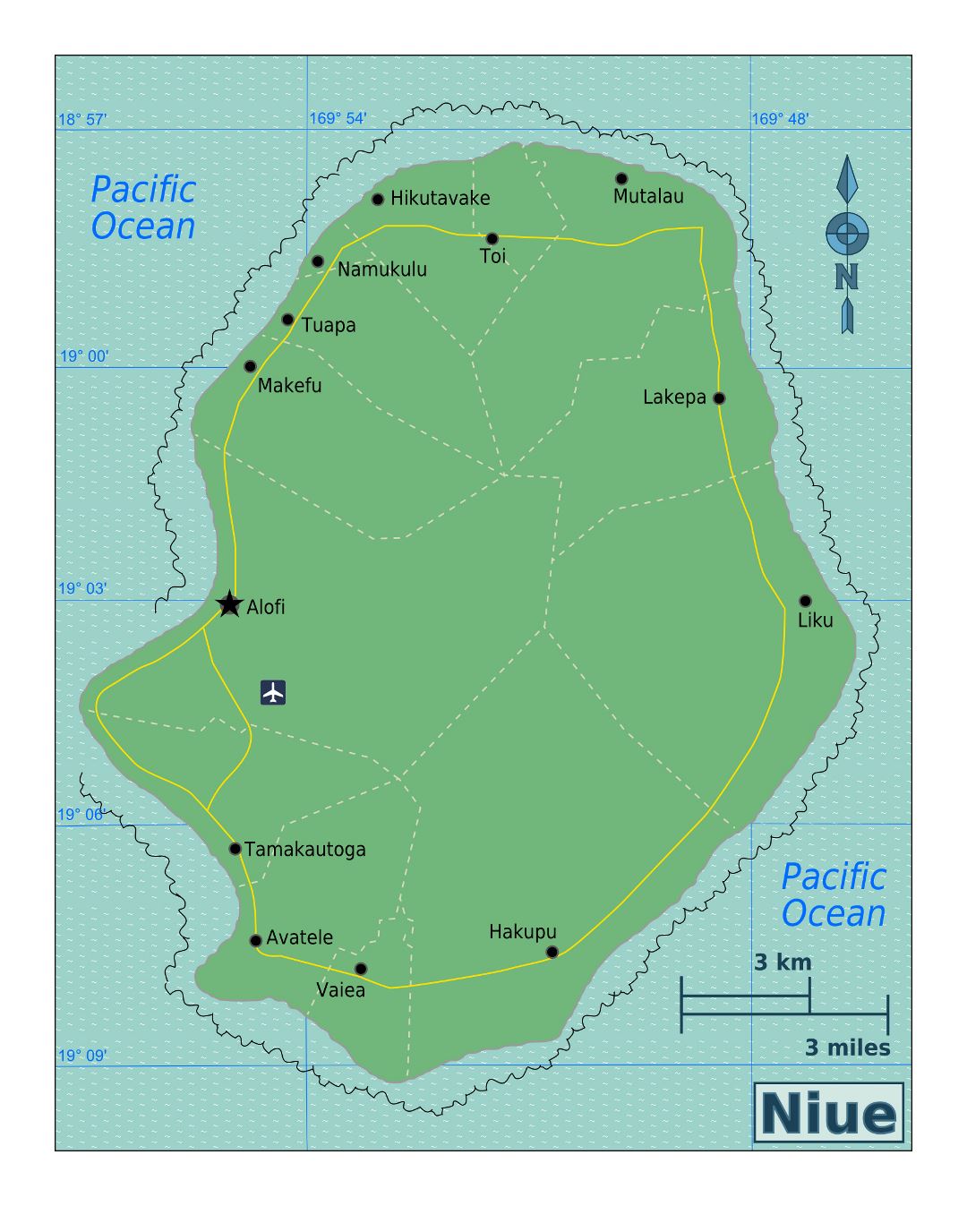 Large map of Niue with roads, cities and airport